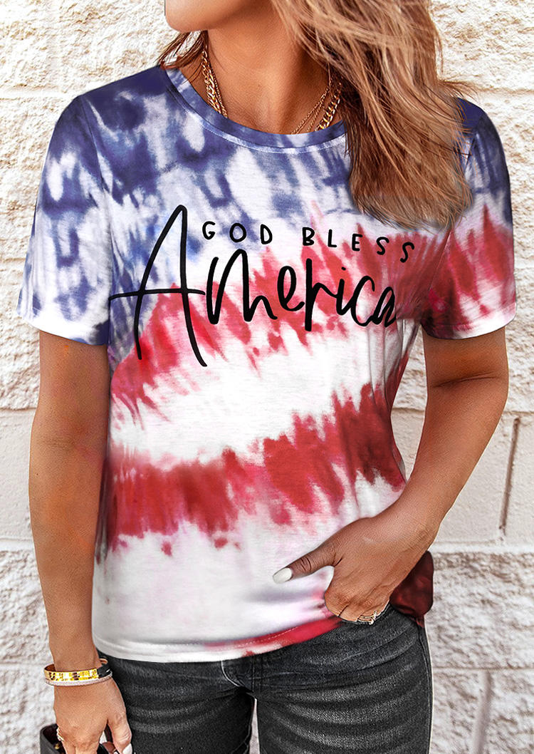 

Tie Dye God Bless America O-Neck T-Shirt Tee, Multicolor, SCM002209