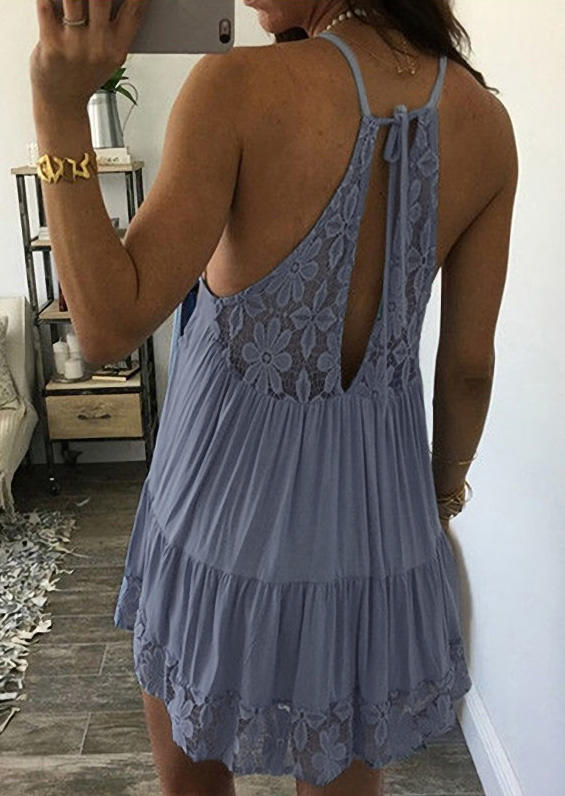 

Lace Splicing Ruffled Tie Mini Dress - Blue, SCM002347
