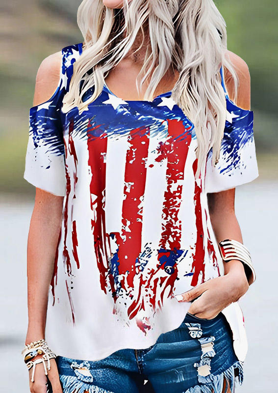 

American Flag Cold Shoulder Blouse, Multicolor, SCM002372