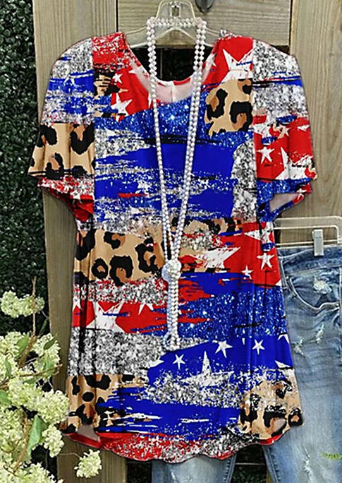 

American Flag Leopard Glitter Blouse, Multicolor, SCM002421