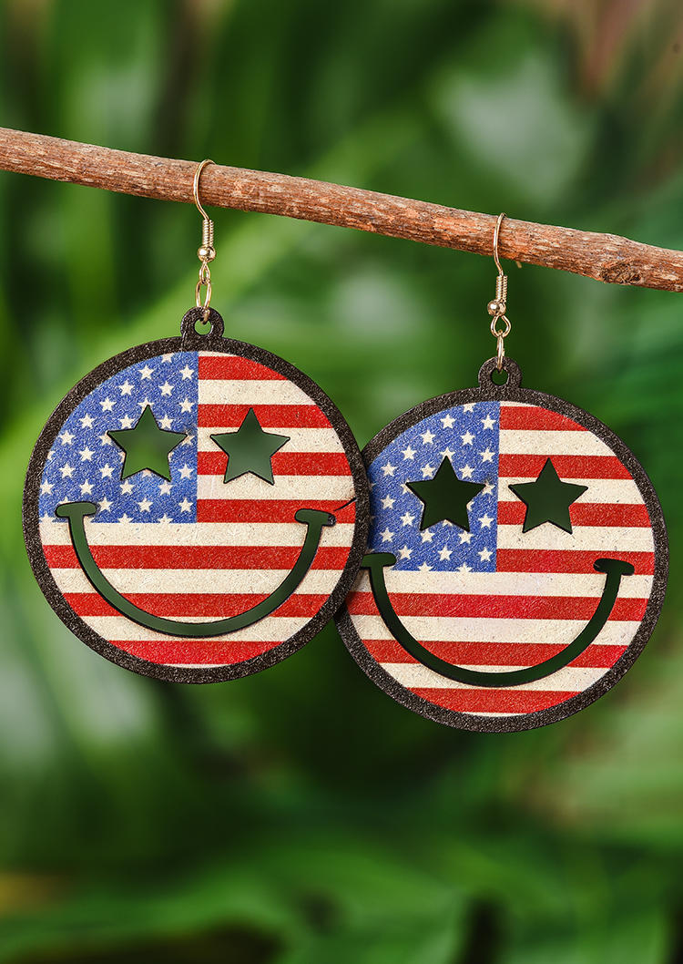 American Flag Hollow Out Smiley Wood Earrings