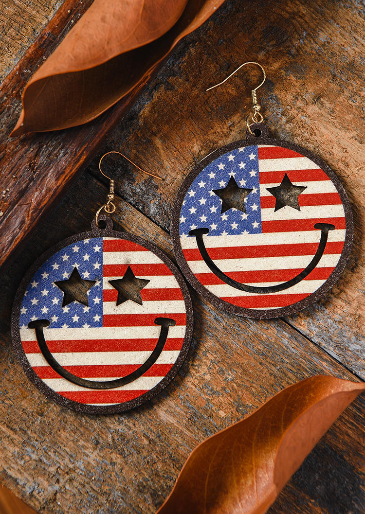 

American Flag Hollow Out Smiley Wood Earrings, Multicolor, SCM002428