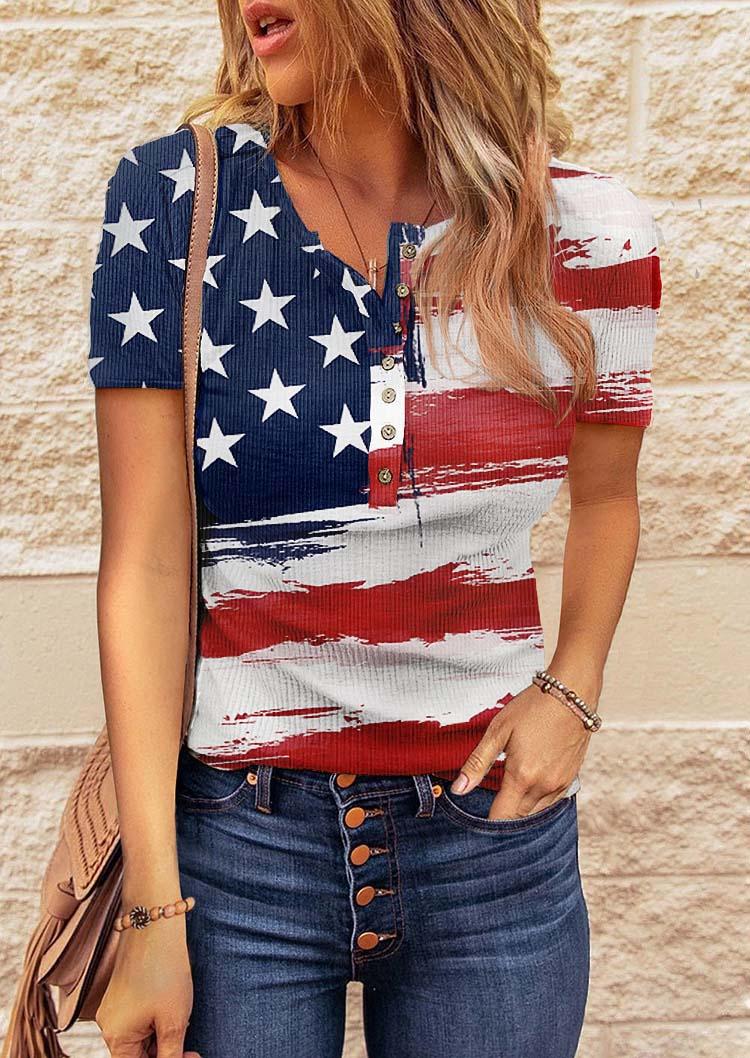 

American Flag Star Button Short Sleeve Blouse, Multicolor, SCM002473