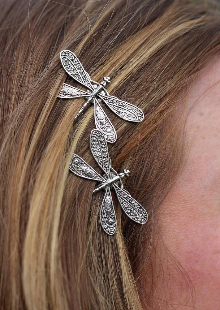 

2Pcs Dragonfly Alloy Hairpin, Silver, SCM002543