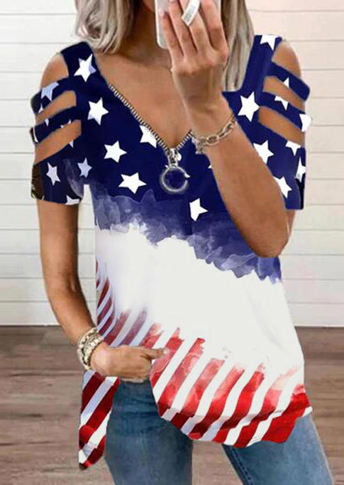 

American Flag Hollow Out Zipper Collar Cold Shoulder Blouse, Multicolor, SCM002554