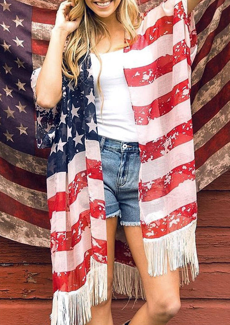 

American Flag Tassel Open Front Cardigan, Multicolor, SCM002647