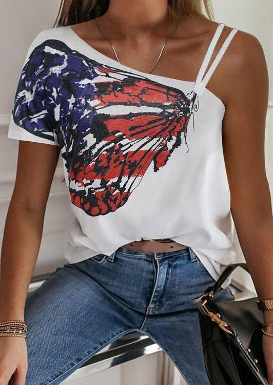 

American Flag Butterfly One Sided Cold Shoulder Blouse - White, SCM002648