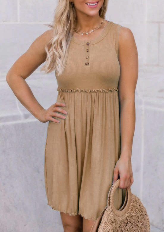 

Ruffled Button Sleeveless Mini Dress - Khaki, 536615