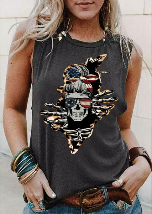 

American Flag Leopard Skeleton O-Neck Tank - Dark Grey, 536635