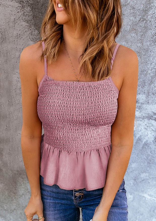 

Ruffled Smocked Spaghetti Strap Camisole - Light Pink, SCM002418