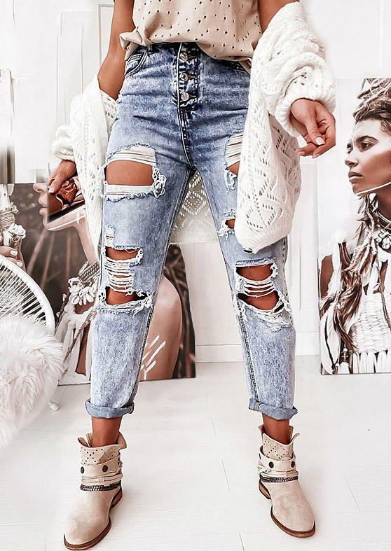 

Ripped Hole Button Pocket Denim Pants - Blue, SCM002419