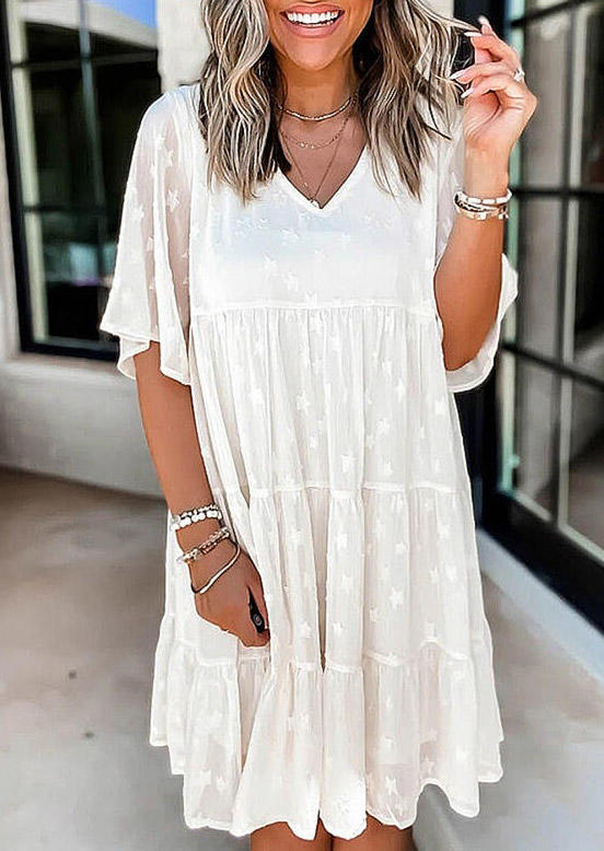 

Chiffon Star V-Neck Mini Dress - White, SCM002516