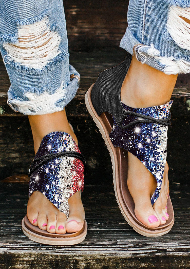 

American Flag Glitter Flip Flops Flat Sandals, Multicolor, SCM002546
