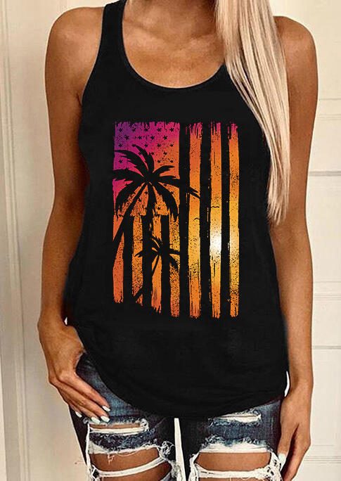 

American Flag Coconut Tree Sunset Racerback Tank - Black, 532889