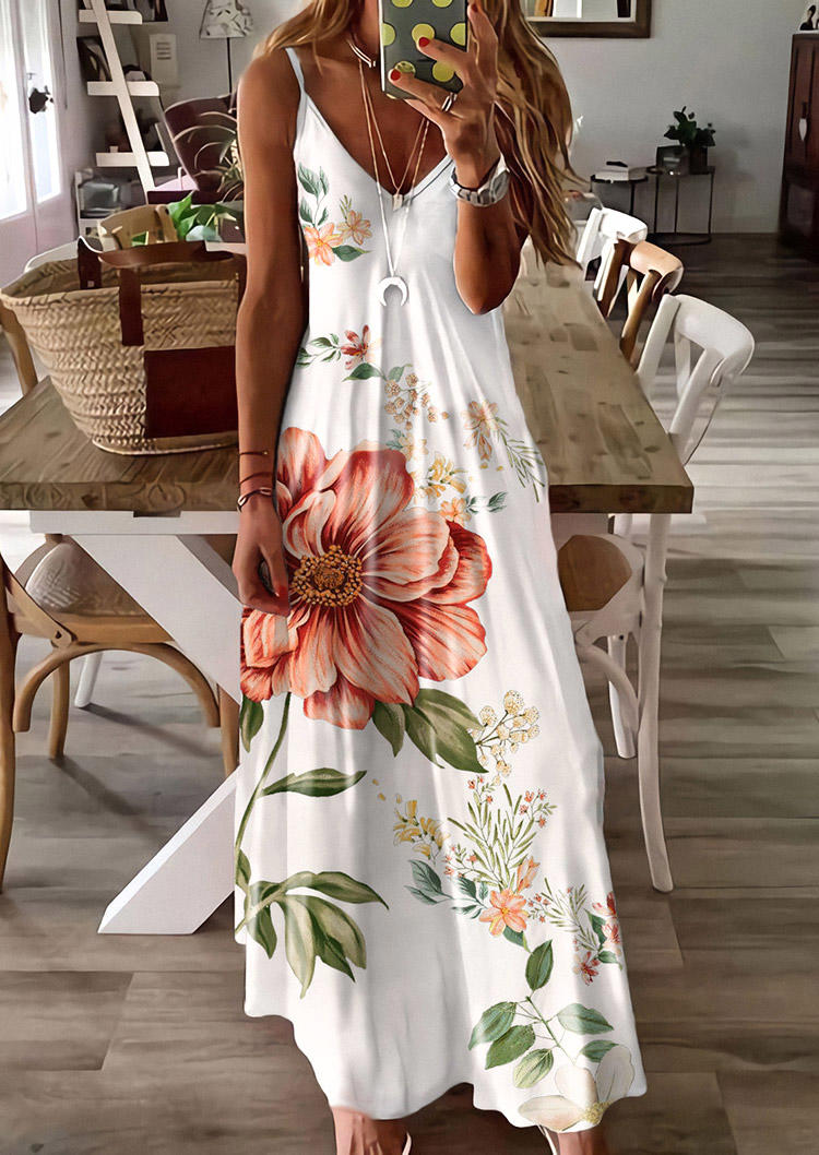 

Floral V-Neck Spaghetti Strap Maxi Dress - White, 536319