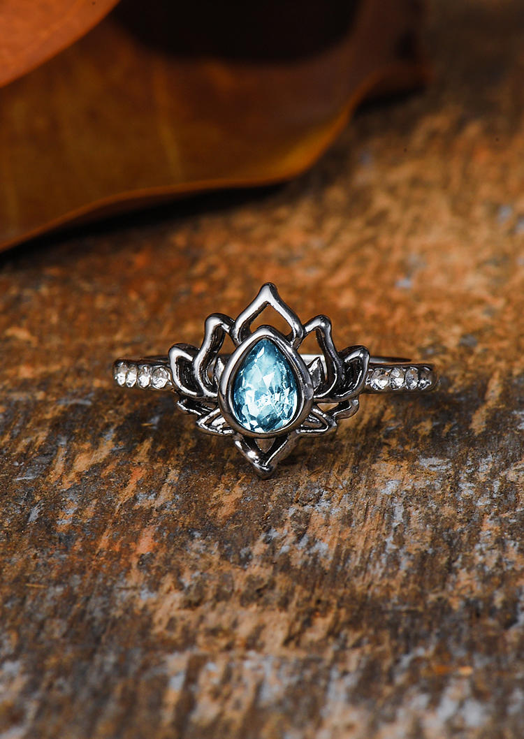 

Floral Hollow Out Water Drop Rhinestone Alloy Ring, Blue, SCM001743
