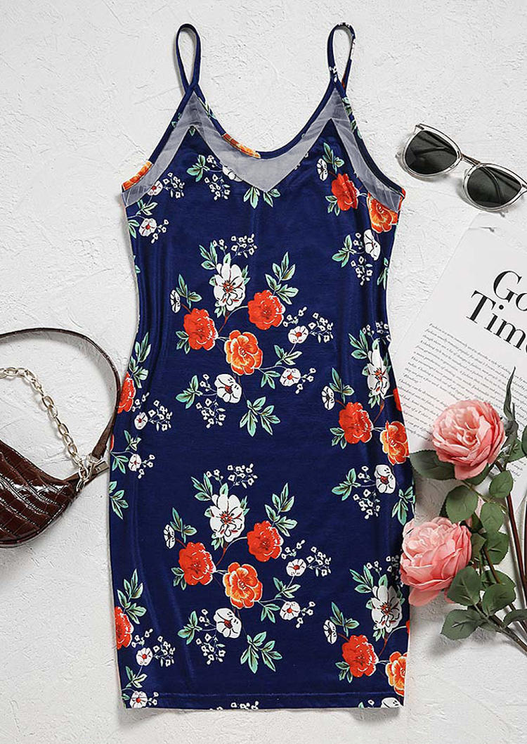 Floral Mesh Splicing Mini Dress - Navy Blue