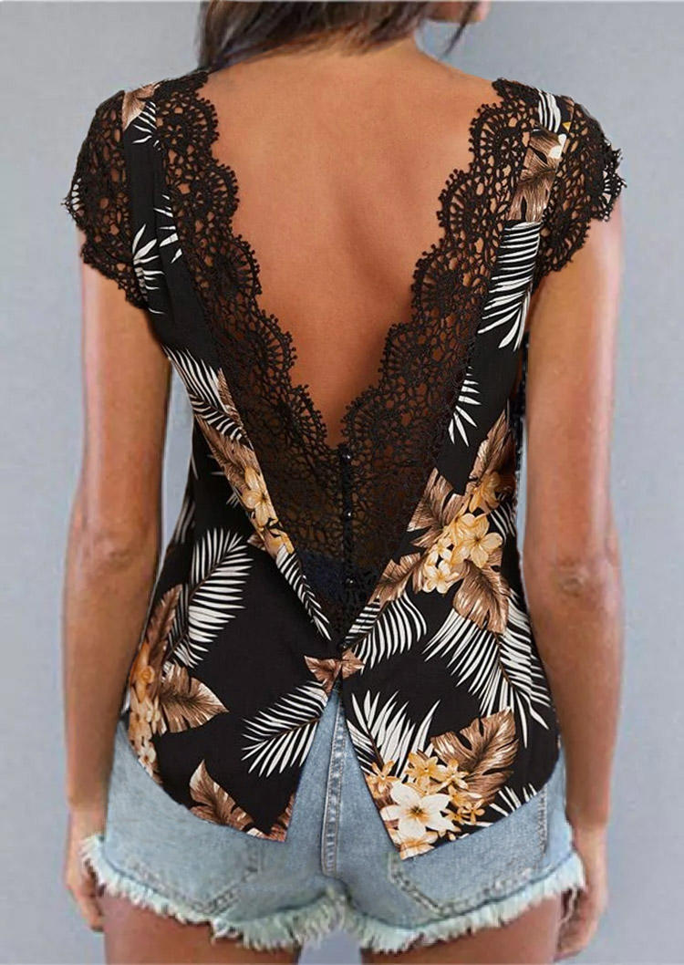 

Palm Leaf Floral Lace Splicing Open Back Blouse - Black, SCM002344