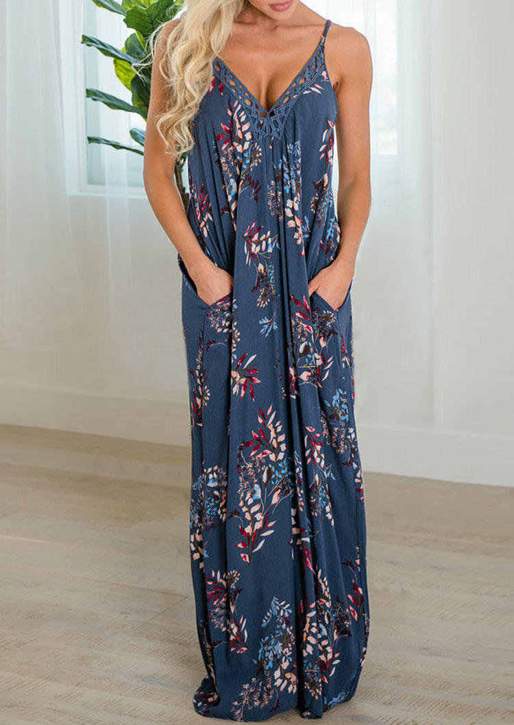 

Floral Hollow Out Pocket Maxi Dress - Blue, SCM002391