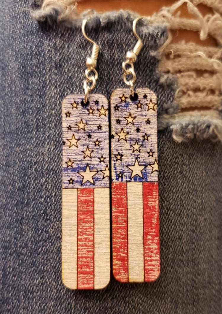 

American Flag Star Hook Wood Earrings Water Drop Earrings, Multicolor, SCM002410