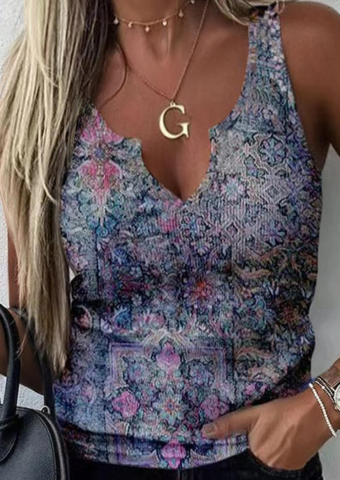 Ethnic Floral Notched Neck Casual Tank