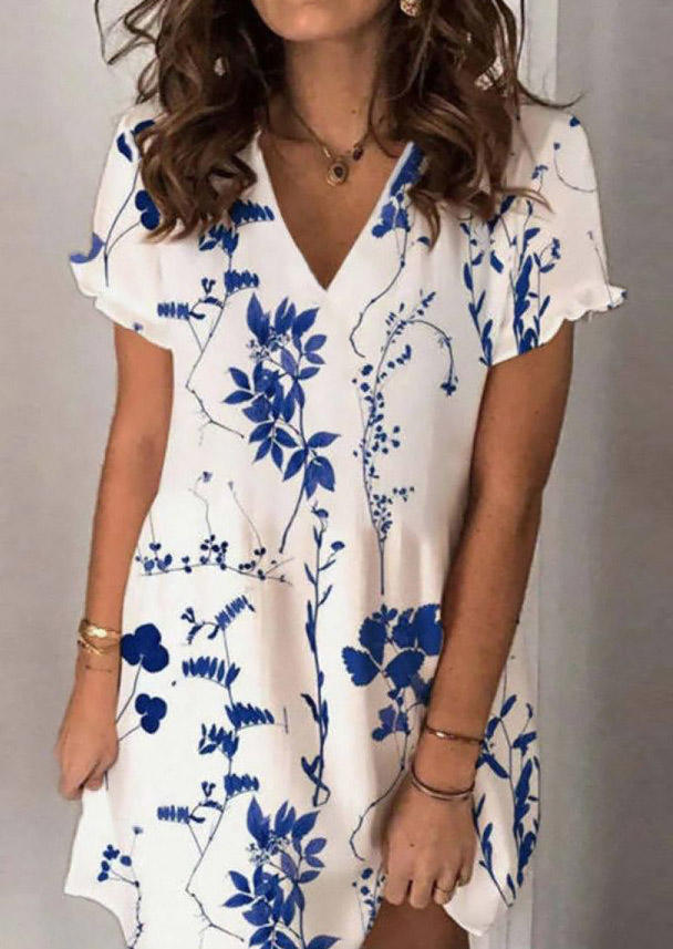 Floral Ruffled V-Neck Short Sleeve Mini Dress - White