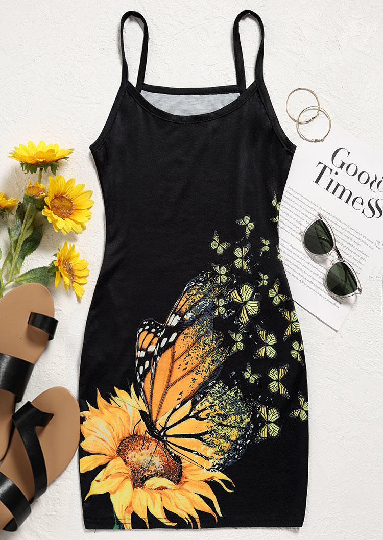 Sunflower Butterfly Pocket Spaghetti Strap Mini Dress - Black