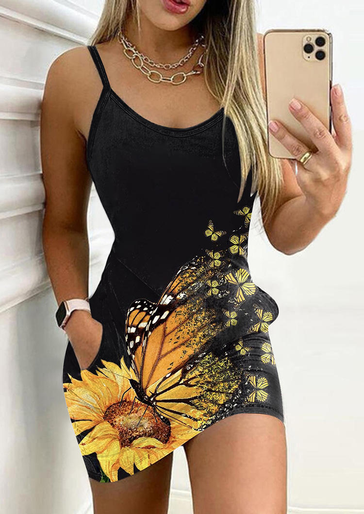 Sunflower Butterfly Pocket Spaghetti Strap Mini Dress - Black