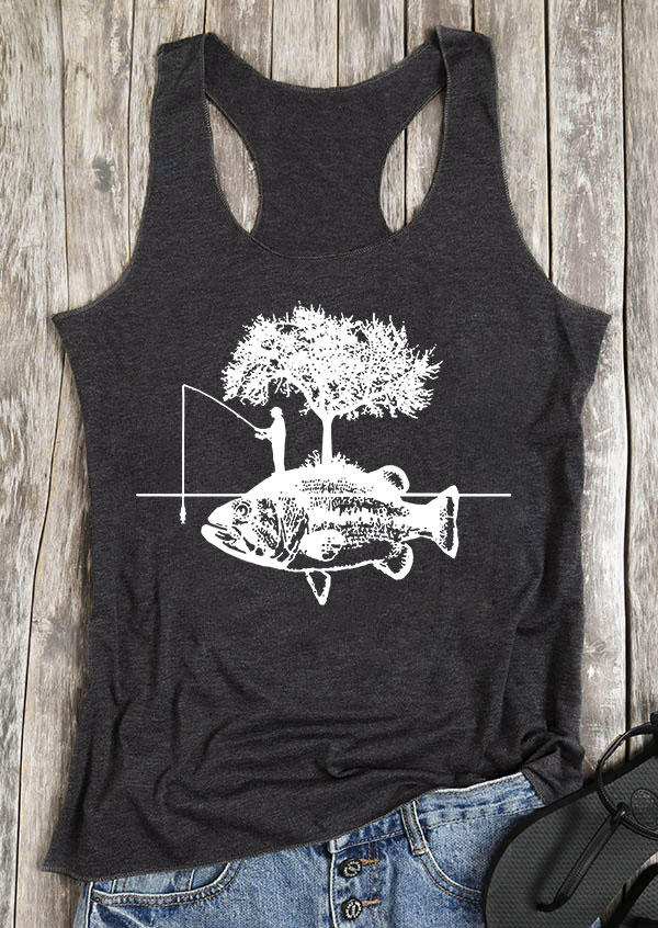 

Fish Tree O-Neck Racerback Tank - Dark Grey, Gray, 536843