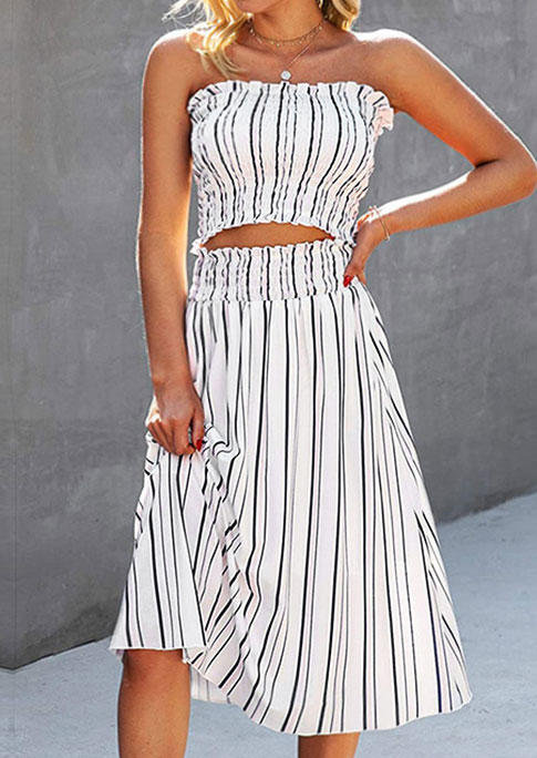 

Striped Ruffled Strapless Bandeau And Long Skirt Outfit - White, 536854