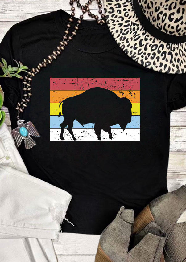 

Buffalo Sunset O-Neck Casual T-Shirt Tee - Black, 536912