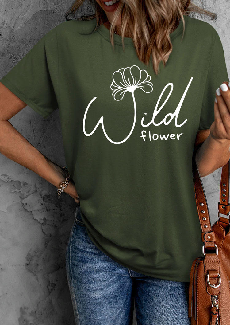 

Wild Flower O-Neck T-Shirt Tee - Army Green, 536968