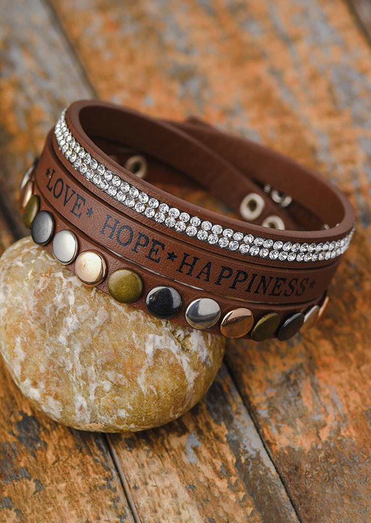 

Love Hope Happiness Rivet Rhinestone Bracelet, Coffee, SCM001821