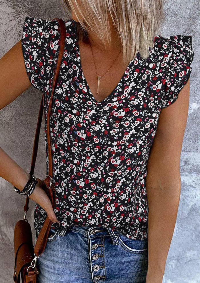 

Floral Ruffled V-Neck Blouse, Multicolor, SCM002483