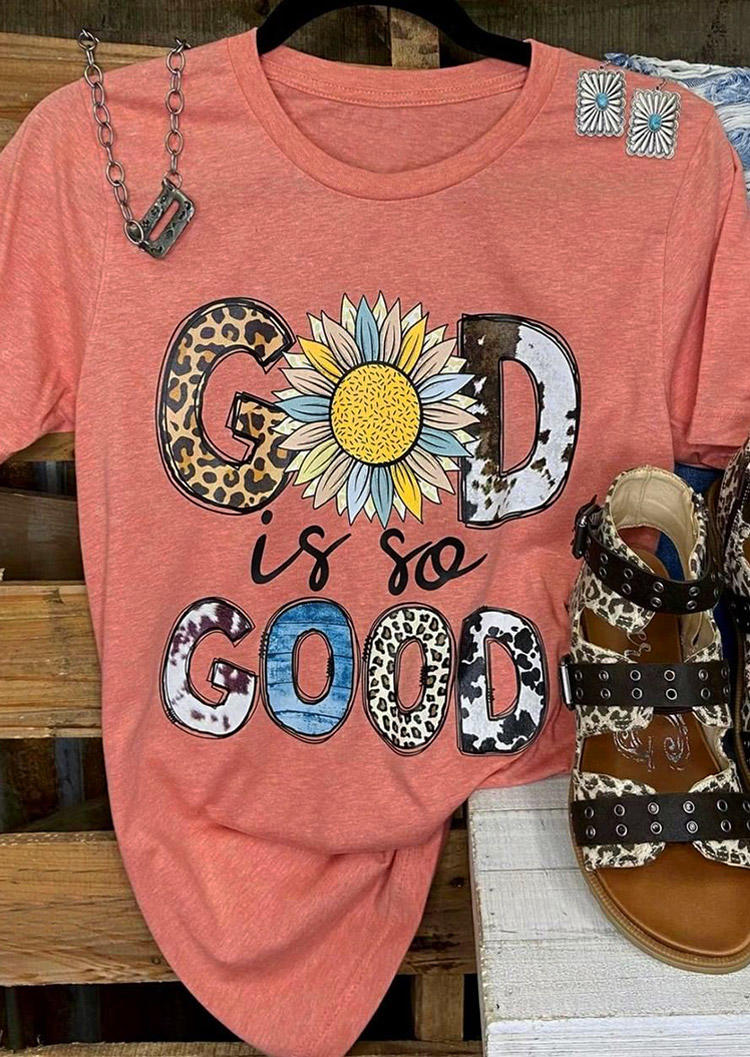 

God Is So Good Leopard Sunflower T-Shirt Tee - Pink, SCM002558
