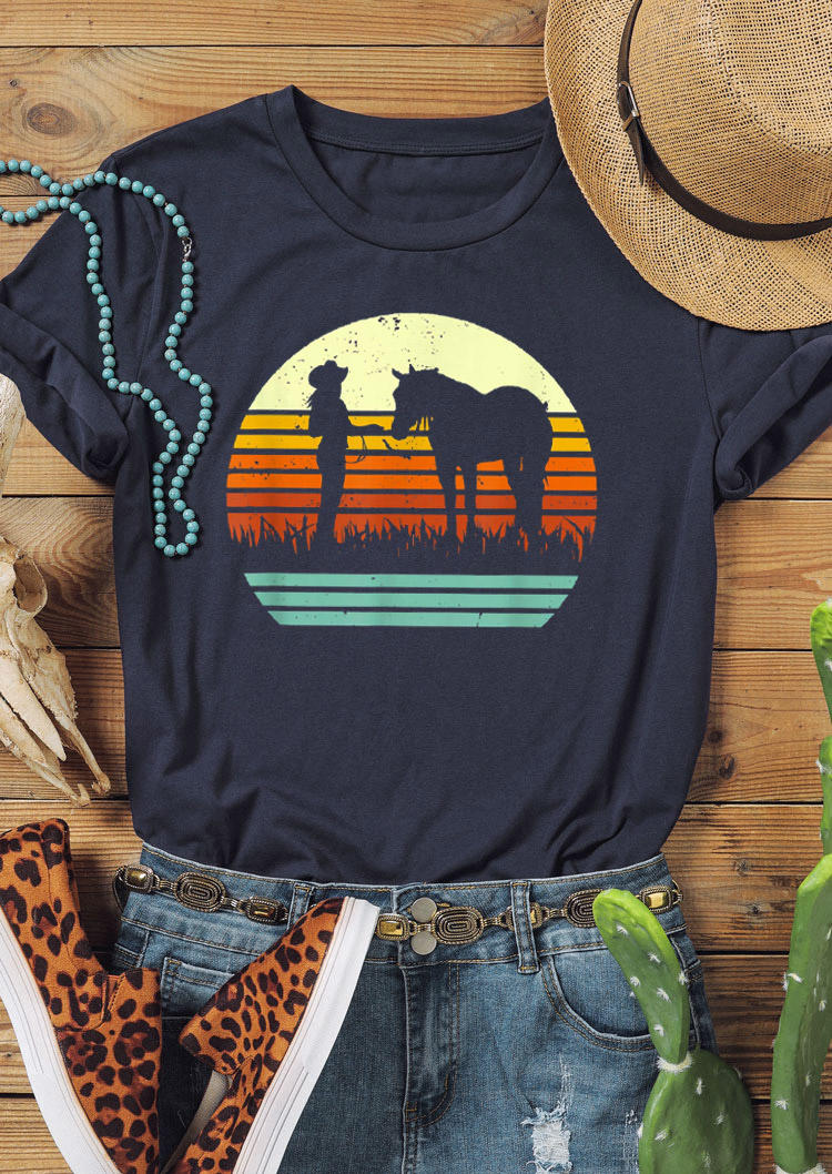 

Western Cowgirl Horse T-Shirt Tee - Navy Blue, SCM002630