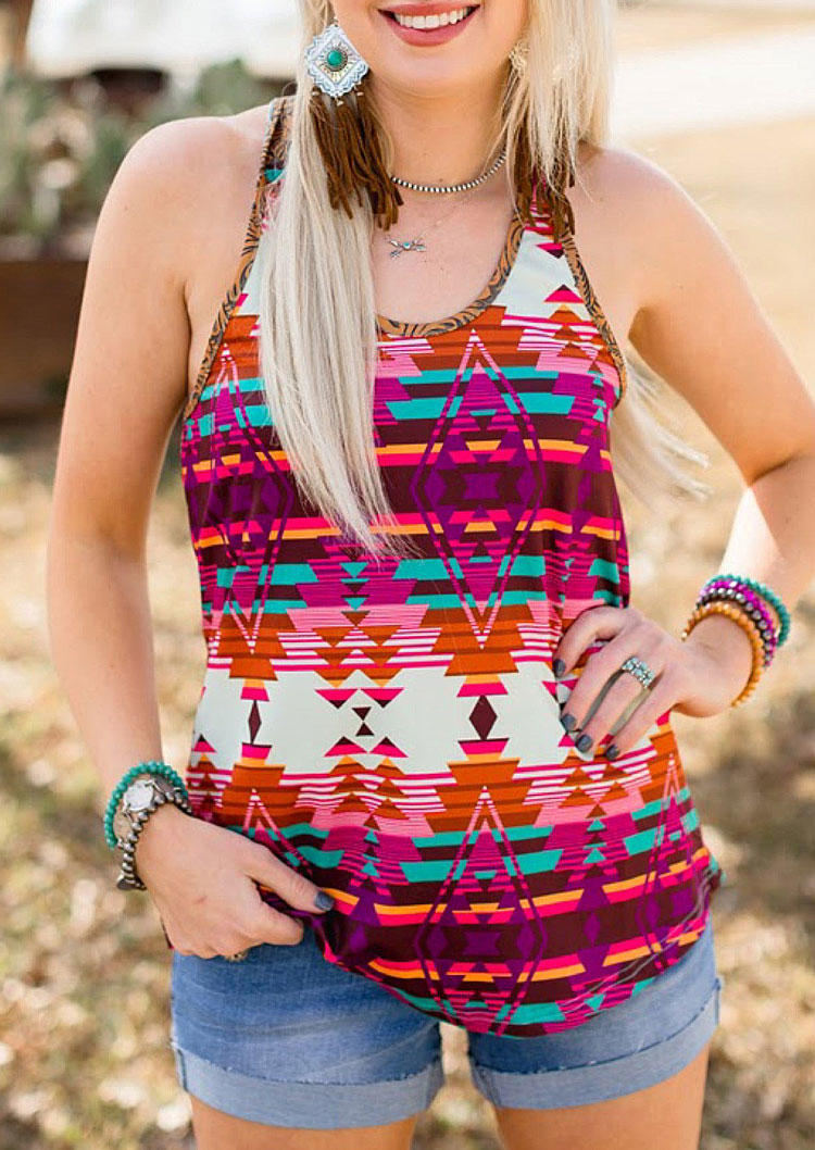 

Aztec Geometric Floral Tooled Pattern Racerback Tank, Multicolor, SCM002634