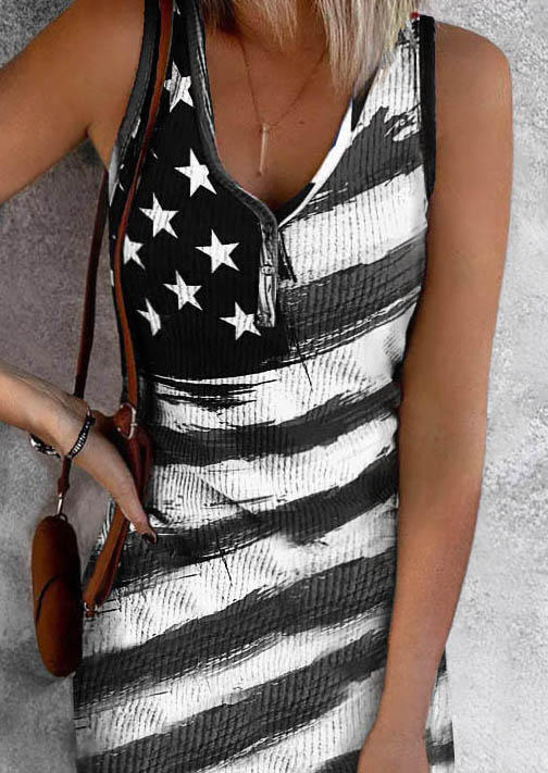 American Flag Button Sleeveless Mini Dress - Black