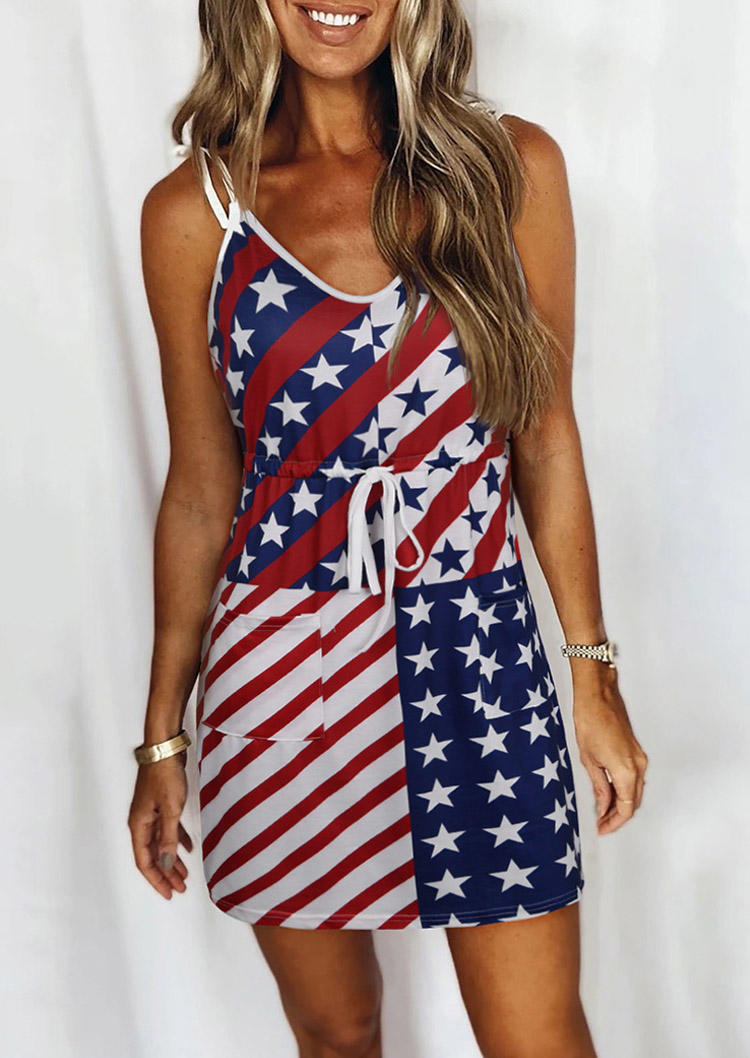 

American Flag Drawstring Pocket Tie Mini Dress - Blue, SCM002666