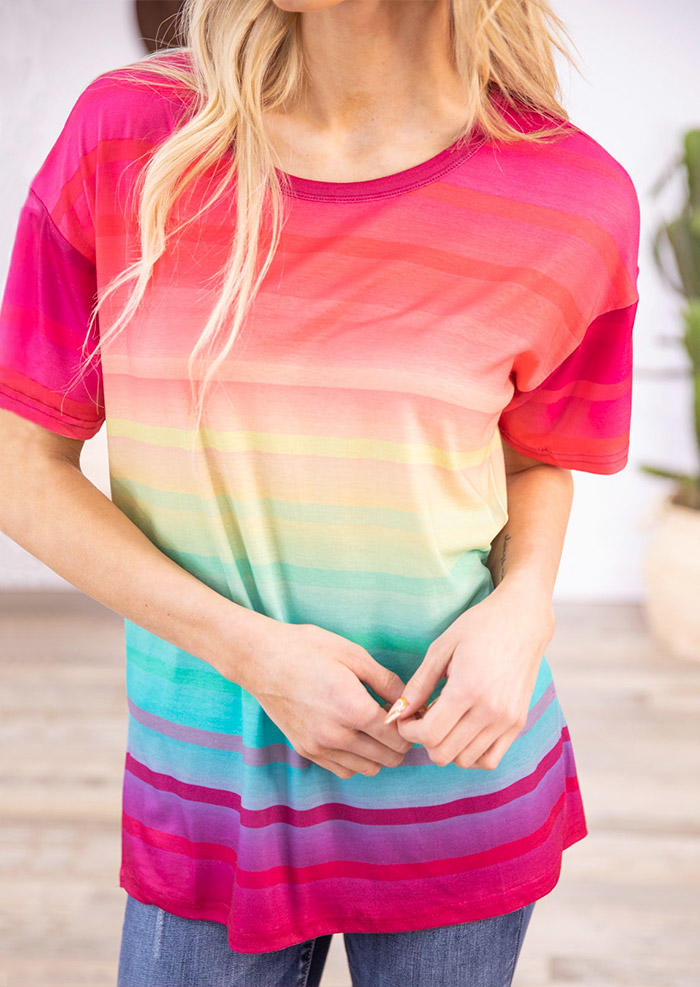 

Colorful Gradient Striped O-Neck Blouse, Multicolor, 535054
