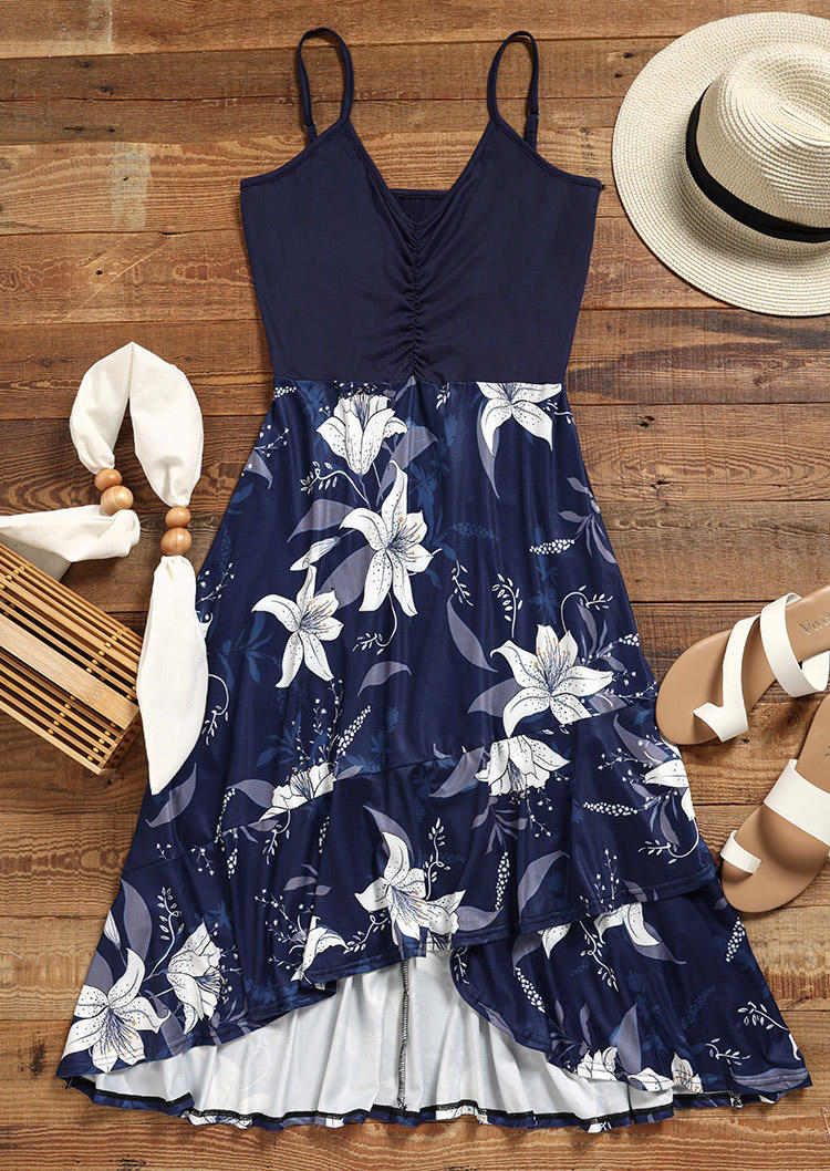 Floral Ruffled Spaghetti Strap Midi Dress - Navy Blue