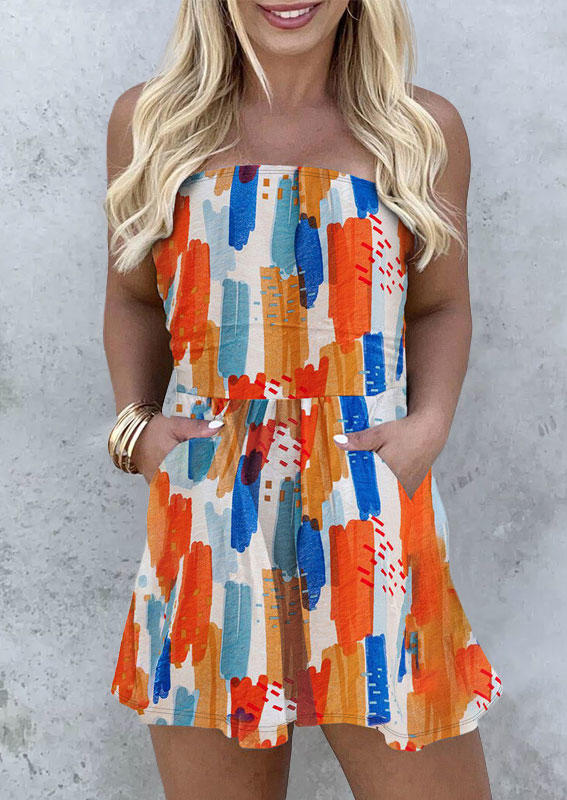 

Colorful Graffiti Pocket Open Back Strapless Romper, Multicolor, SCM001980