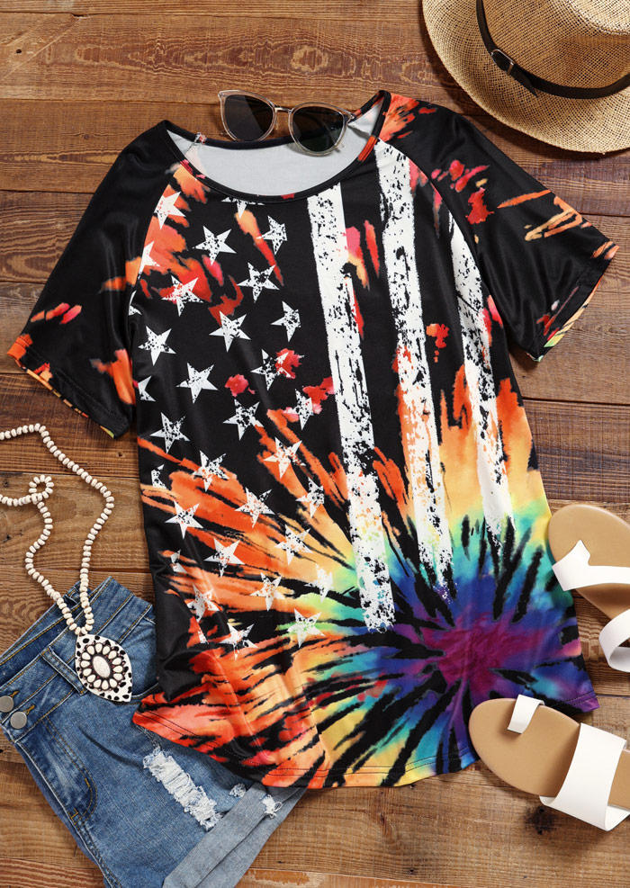 

American Flag Reverse Tie Dye Rainbow Blouse, Multicolor, SCM002294