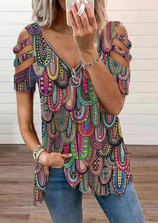 

Ethnic Zipper Hollow Out Blouse, Multicolor, SCM002524