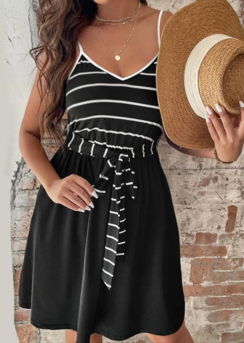 Striped Spaghetti Strap V-Neck Mini Dress - Black