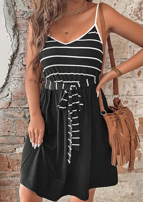Striped Spaghetti Strap V-Neck Mini Dress - Black