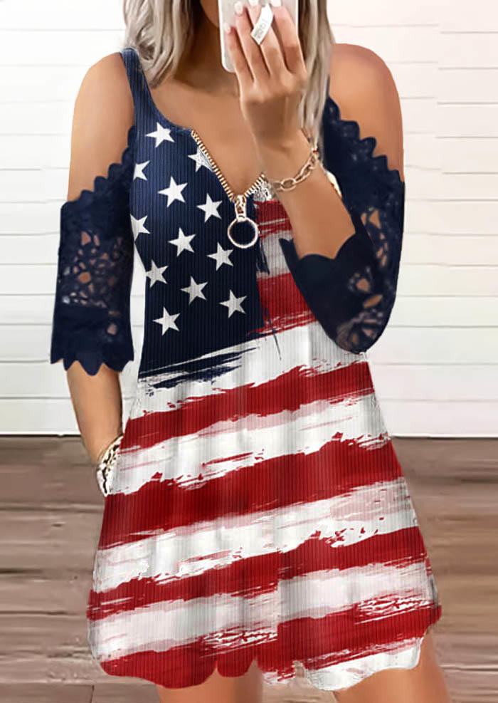 

American Flag Lace Splicing Zipper Mini Dress, Multicolor, SCM002704