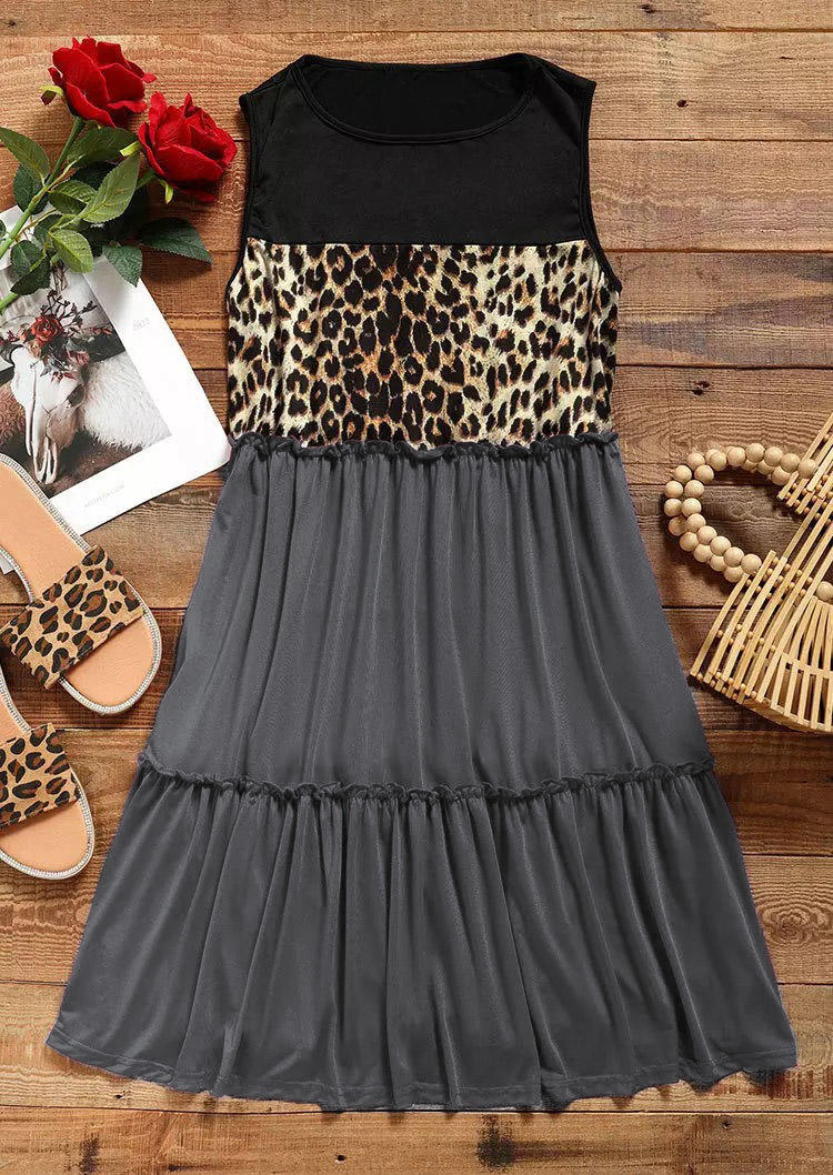 Leopard Color Block Ruffled Mini Dress - Gray