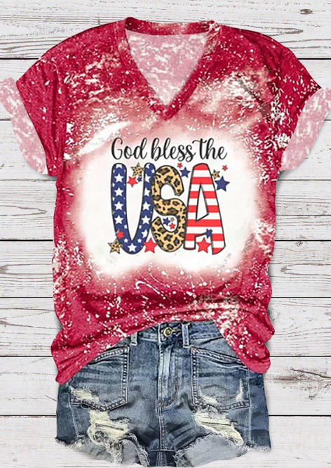 

God Blessed The USA Bleached V-Neck T-Shirt Tee - Watermelon Red, SCM002906