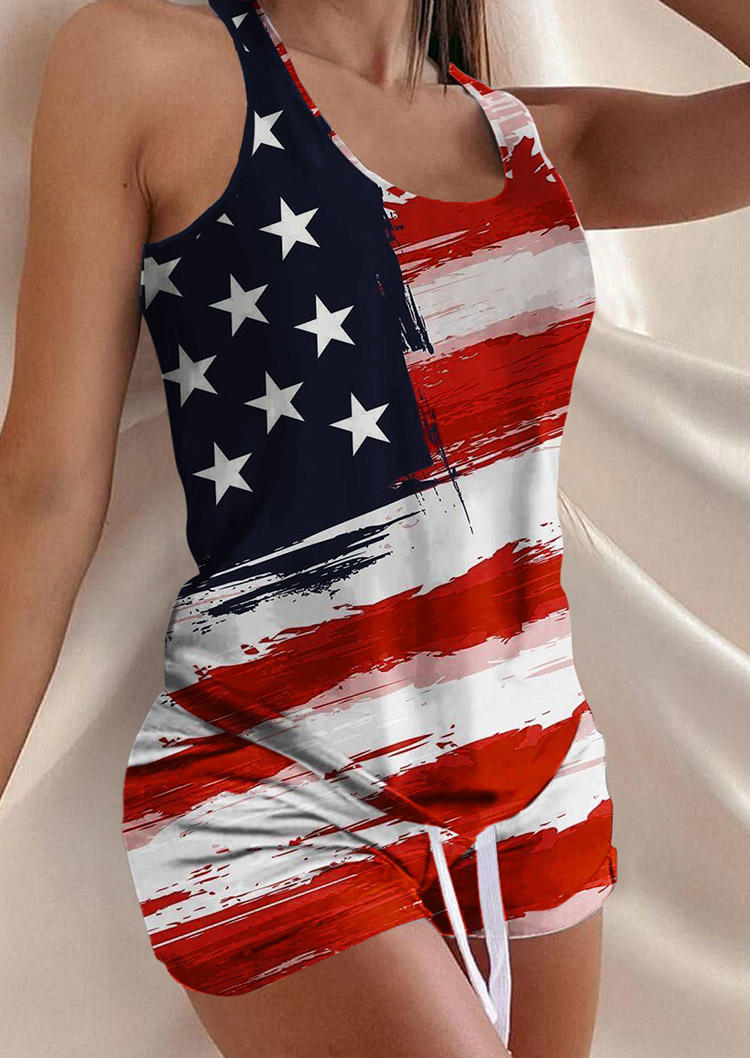 

American Flag Tank And Drawstring Shorts Two-Piece Set, Multicolor, SCM002909